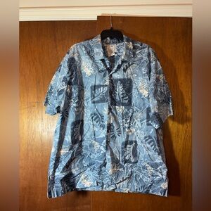 Blue Leaf Print Button-Up Shirt